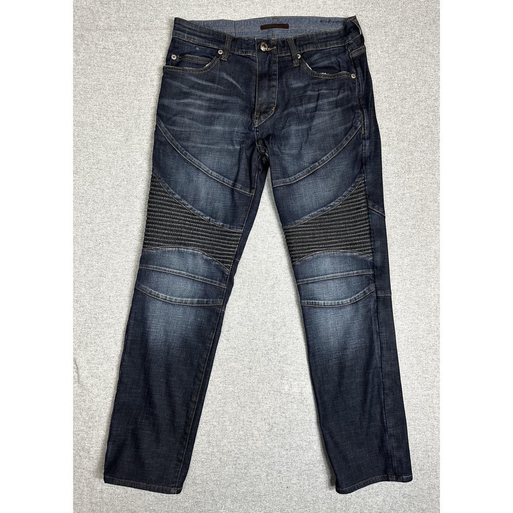 Stitch's Jeans Mens 31 Blue Moto Slim Taper Denim Biker‎ Ribbed Panel Stretch